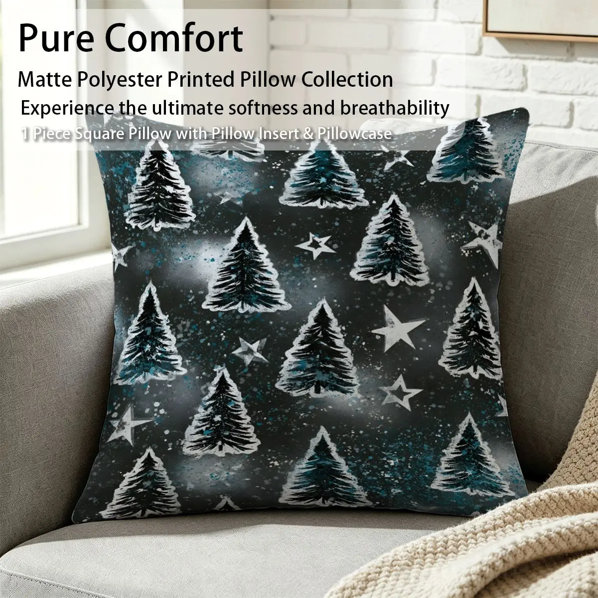 45x45cm 1Pc Christmas Pine Tree Star Print Throw Pillow, crafted from matte polyester, features ultra softness and breathability, fluffy and durable for long lasting use, perfect for sofa, bed, living room, bedroom decor, great small holiday gift fo