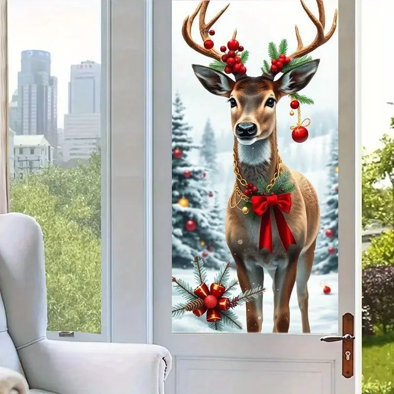 2D Reindeer Christmas Window Sticker, Removable and Reusable Holiday Decoration, Static Adhesive Festive Window Decal, Easy to Apply