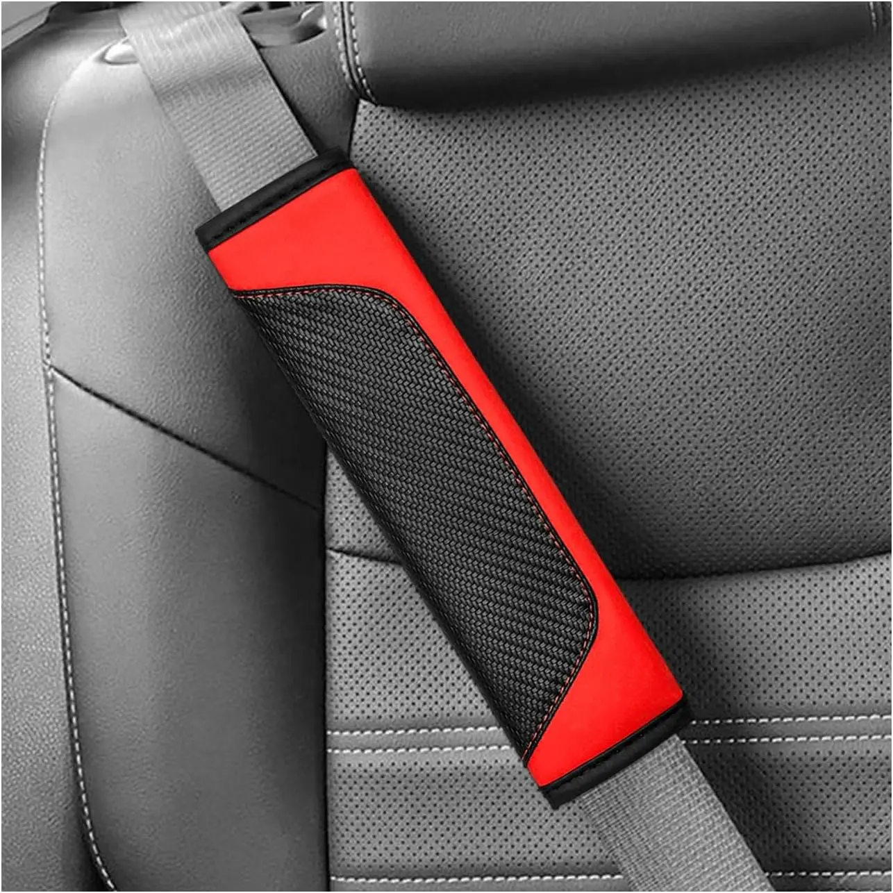 2 count  Seat Belt Pads, Comfortable Leather Safety Belt Covers to Protect Your , Soft Seatbelt Protectors Breathable  Strap Mats for  SUVs  (Carbon Fiber Red)