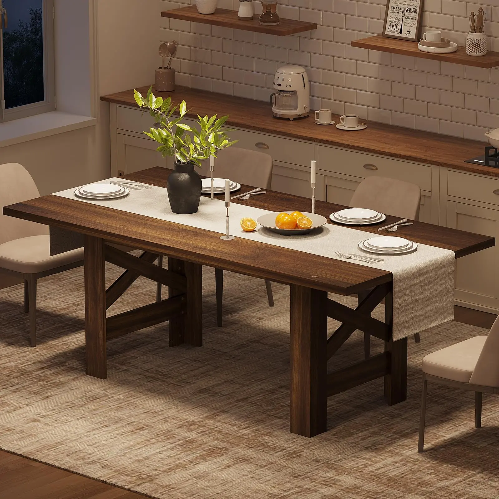 Garvee Wood Farmhouse Dining Table for 6-8, Heavy Duty Large Kitchen Table, 70.87" Long Rectangular Dining Room Tables with Strong Legs, Thickness Tabletop, for Big Family, Dinette, Walunt