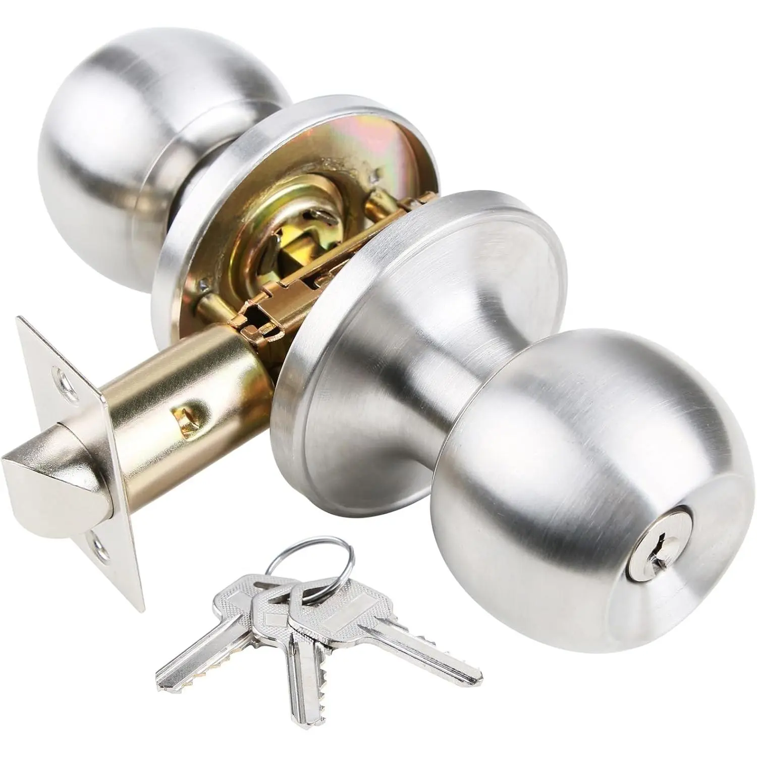 Stainless Steel Door Knob with Key for Bedroom Door Locks Secure Ball Handle Dual-Side Security Universal Fit Easy Install