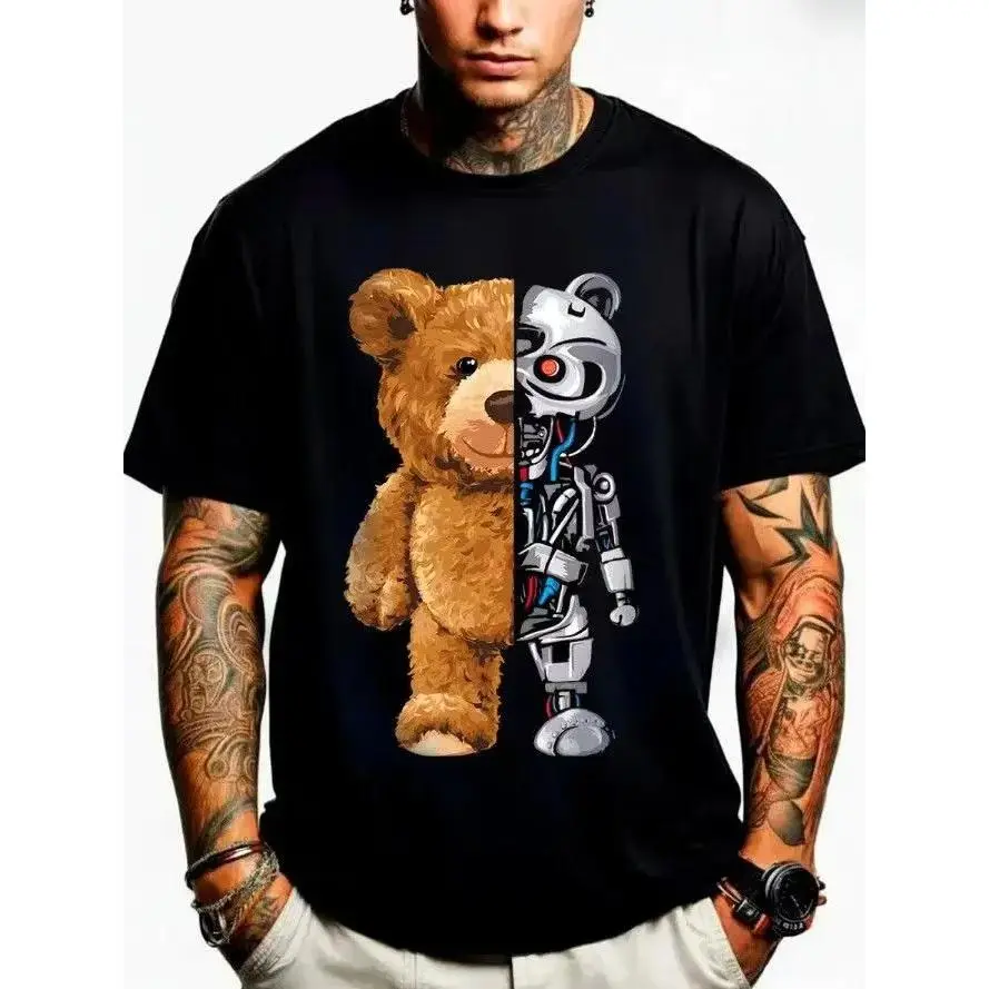 Men's Oversized Graphic T-Shirt, Half Teddy Bear Half Robot Streetwear Tee,  Cotton Casual Crewneck,  Cool Techwear Print, Loose Fit Hip Hop Style, Trendy Summer Top for Men, Breathable Comfort, Unique Split Design,Perfect for Daily Wear Street Outfit
