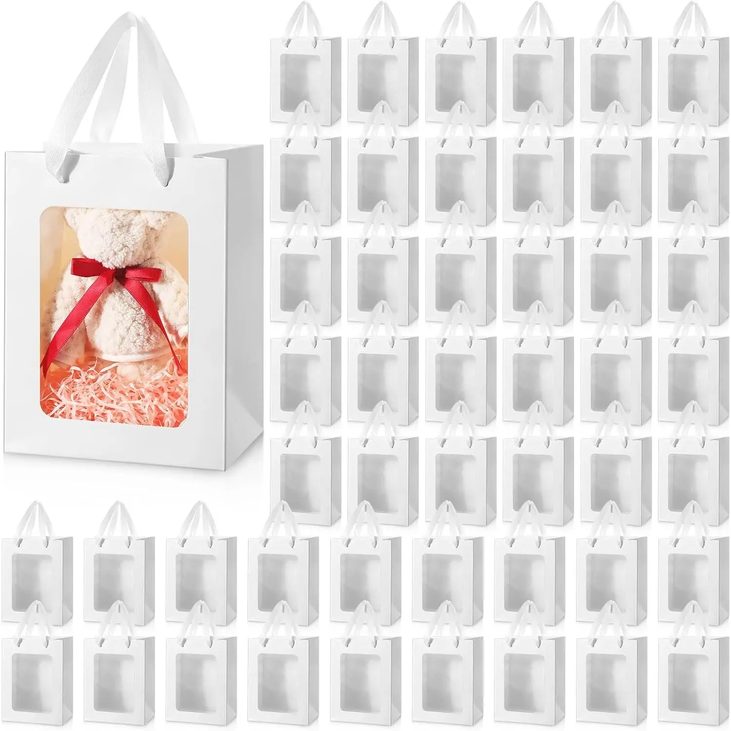 48 count Clear Window Paper  Bags with Handle 7.9 x 5.9 x 3.9 Inch Transparent  Bags for Graduate Mother's Day Bridal  Shower Birthday Party(White)