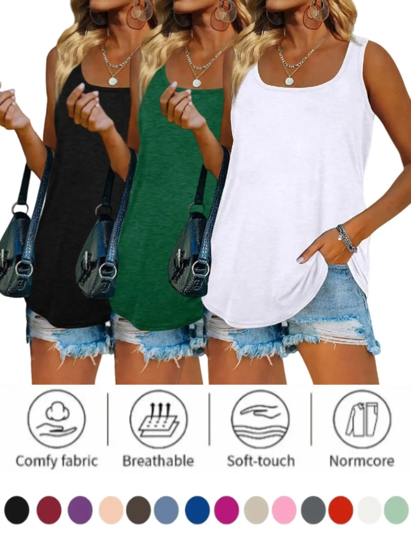 2026 Women's Blouses, Solid Color, Square Neck & V-Neck Design, Summer Sleeveless Basic Loose Baggy Tank Tops, Stylish Casual Wear, Casual Beach Tank