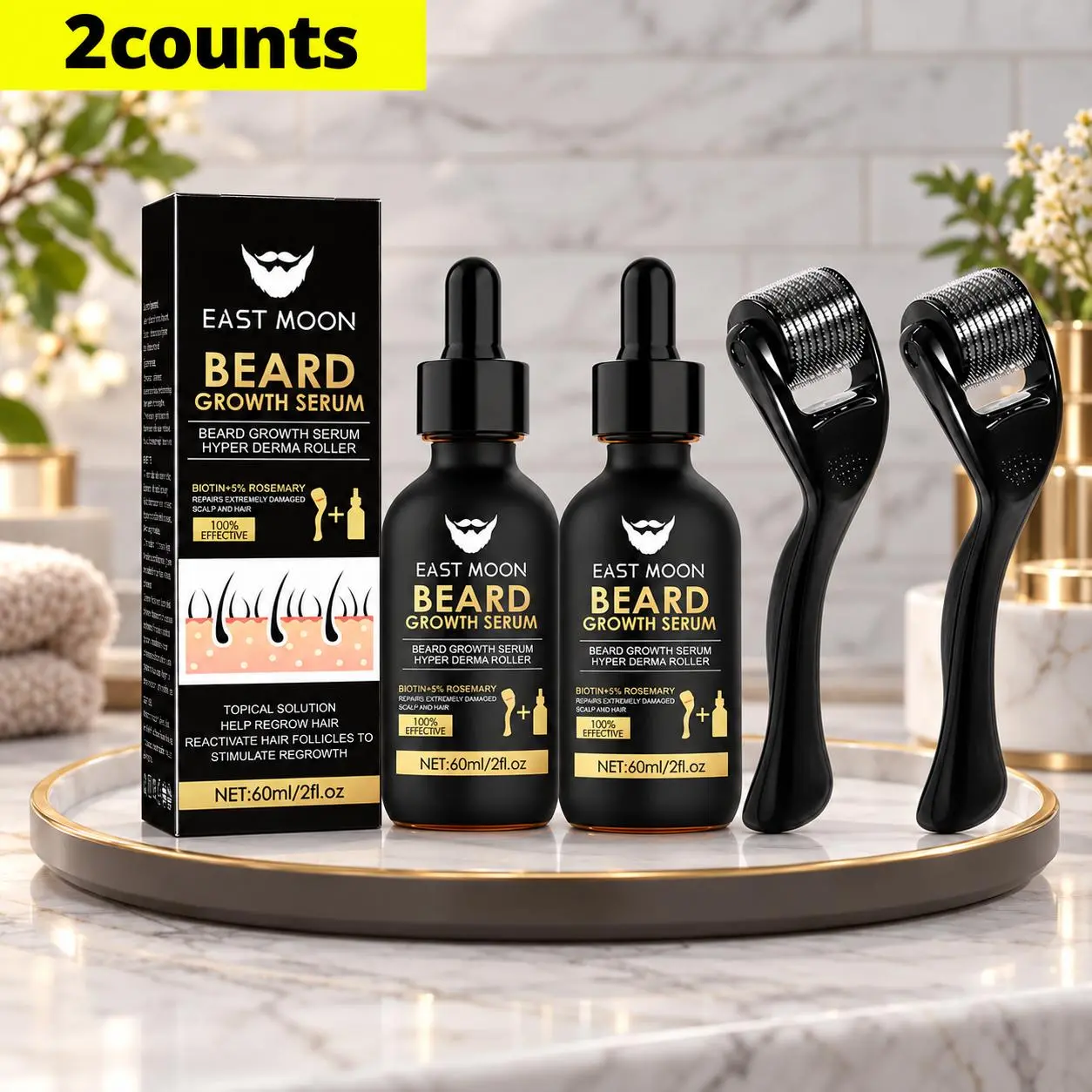 Men's Beard Growth Kit - 60ml Hair Care Serum, Derma Roller, Massager for Patchy Beards, Growth Boost Sets, Grooming Tools, Father's Day Holiday Gifts