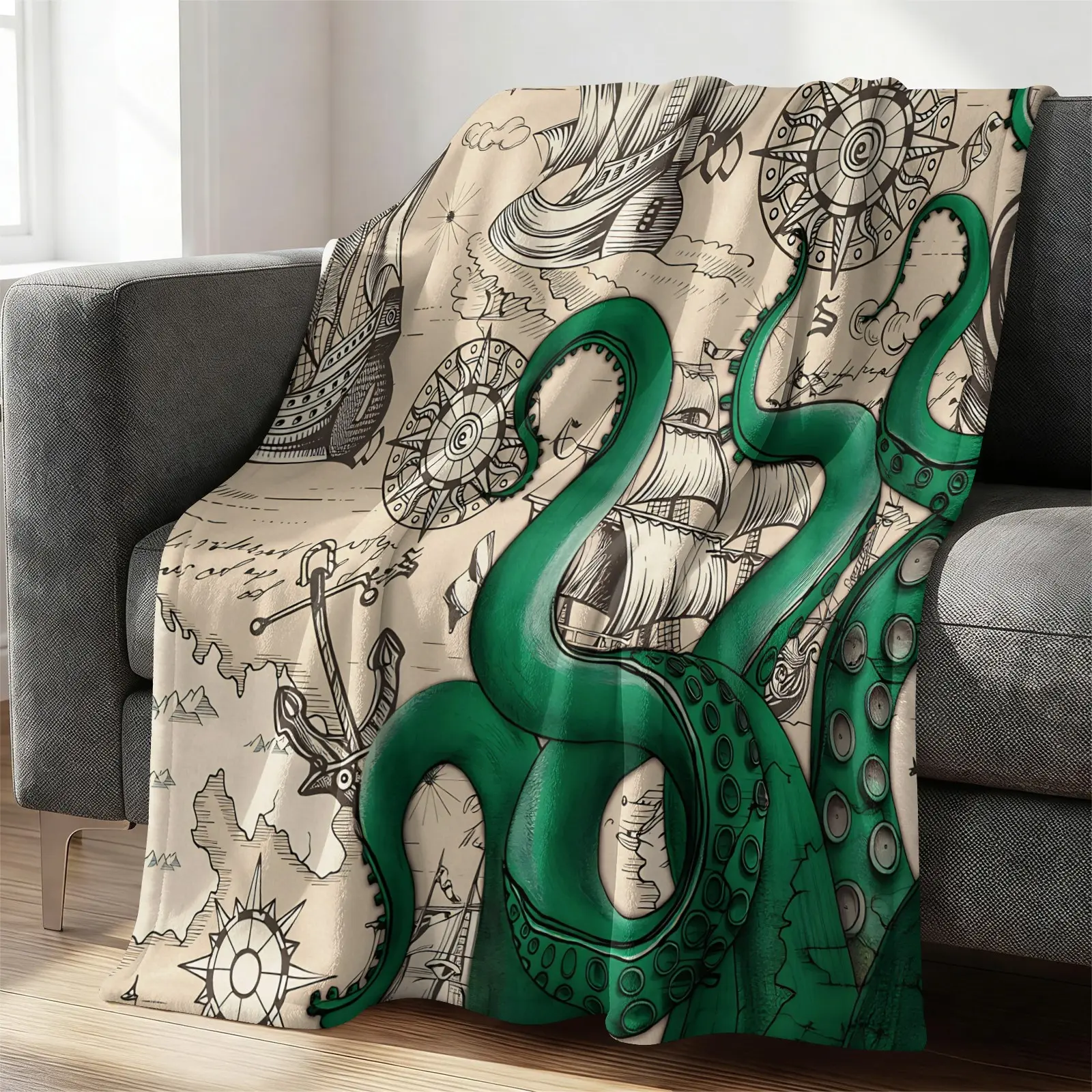 Vintage Nautical Giant Octopus Pirate Map Flannel Throw Blanket, Soft Warm Material, Nautical Nostalgic and Weird Niche Trend Sofa Throw Blanket/Nap Mat/Camping Cover Blanket/Bedside Decorative Blanket