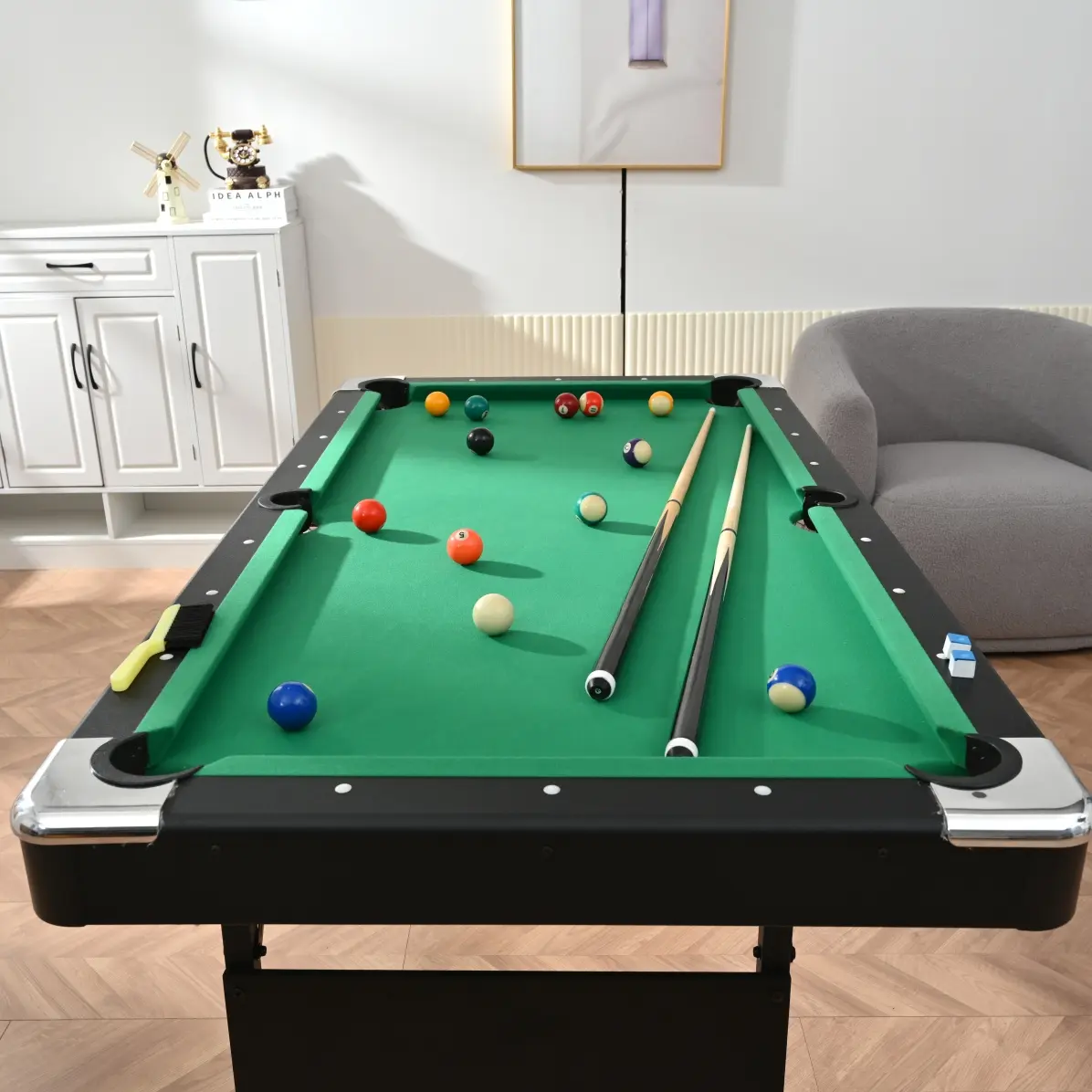 6FT Foldable Pool Table for Home, 63.8" Billiard Table with Blue Velvet Cloth, Portable Indoor Game Table with 2 Cue Sticks & Balls Set for Kids Adults Family, Space-Saving Design