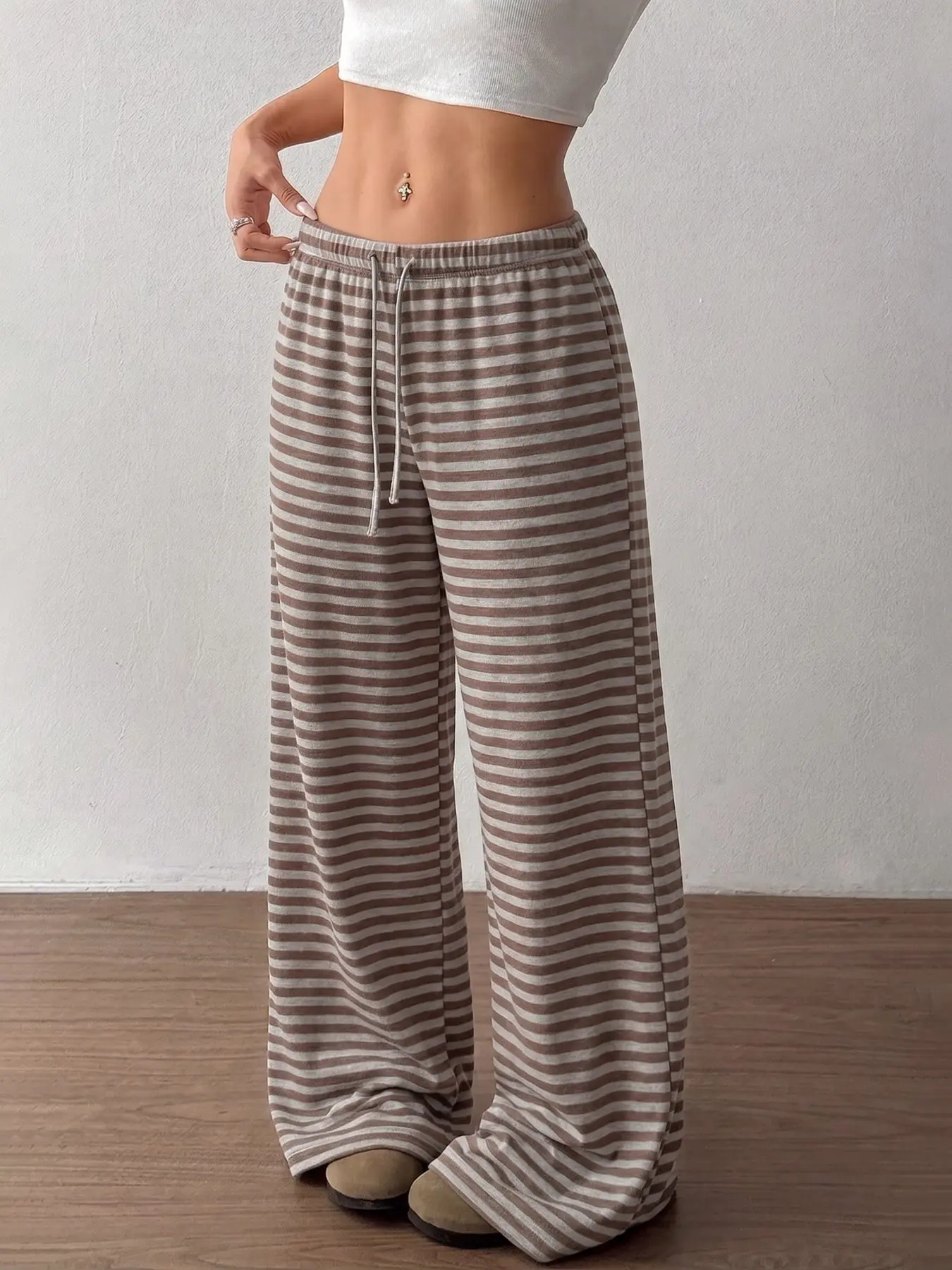 Women's Brown Grey Striped Drawstring Waist Adjustable Wide Leg Lounge Pants, Soft Knit Loose Palazzo Trousers, Casual Daily Sleepwear Streetwear TikTok Viral Fashion Essential