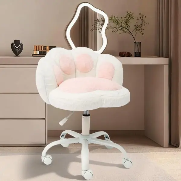 Cute Cat Paw Accent Armless Swivel Chair – Stuffed Fleece Upholstery, Adjustable Height, 360° Rolling Wheels, Silent Casters, Ideal for Kids Room, Bedroom, Office, Makeup Chair, Black