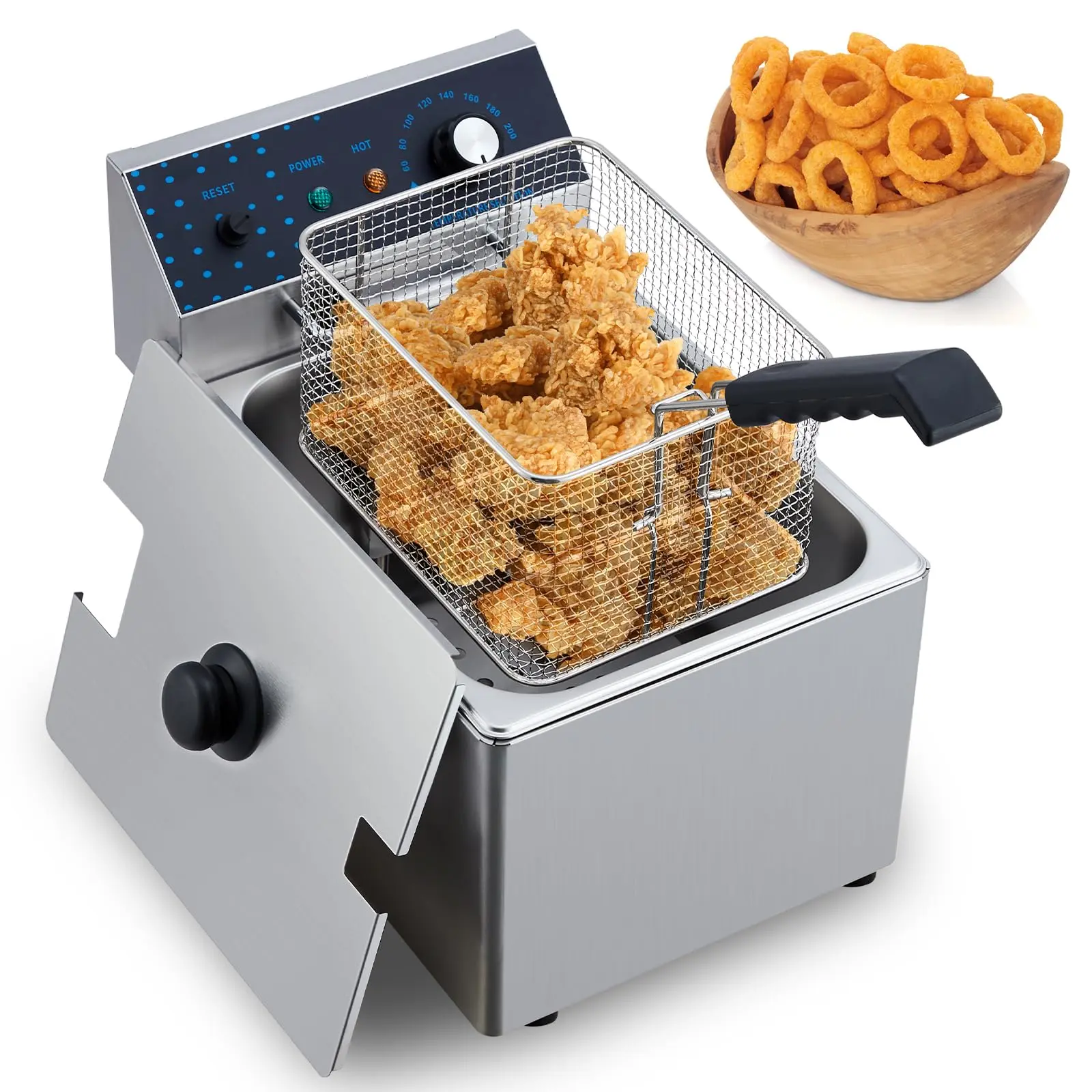GARVEE8L 1600 Watts Electric Deep Fryer - Stainless Steel Commercial Single Tank with Adjustable Temp (140-392°F) & Basket - Countertop Fryer for Kitchen/Restaurant