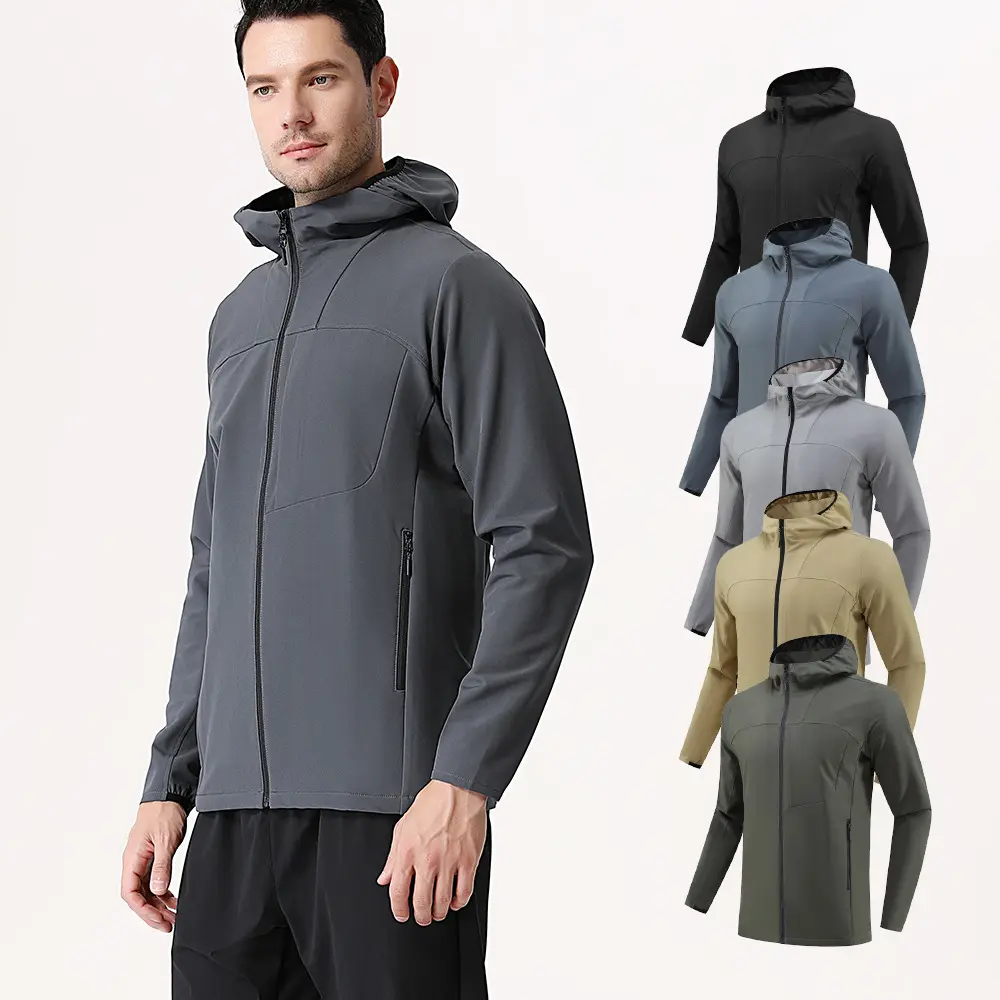 Men's Hooded Softshell Jacket, Lightweight Stretch Full Zip Wind Resistant Outdoor Coat Breathable Casual Hiking Travel Windbreaker with Zipper Pockets Multiple Colors Available