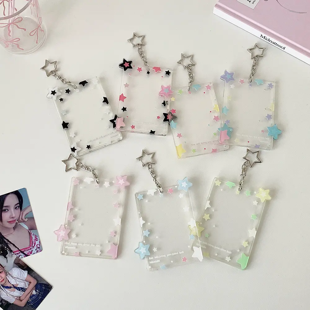 Pastel Star Clear Acrylic Photocard Holder with Star Keychain Cute Kpop Idol Photo Card Protector Sleeve