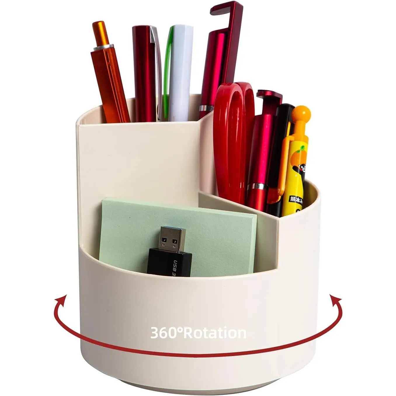 Desk Pencil Pen Holder, 3 Slots 360- Spinning Organizers, Desktop Storage Stationery Supplies, Cute Cup Pot for Office, School, Art ,  - White