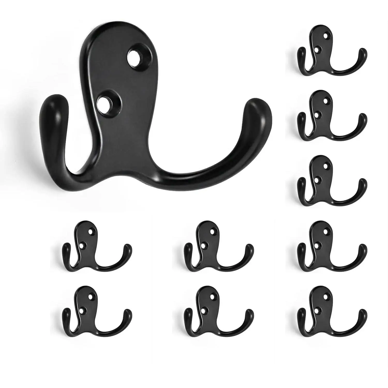 10 Pack Heavy Duty Coat Hooks Wall Mounted Double Prong(Left and Right) Rustproof Coat Hook Hardware Retro  Robe Hanger for Coat,Towel, Scarf, Hat, Bag, Key, Shoes, Matte Black