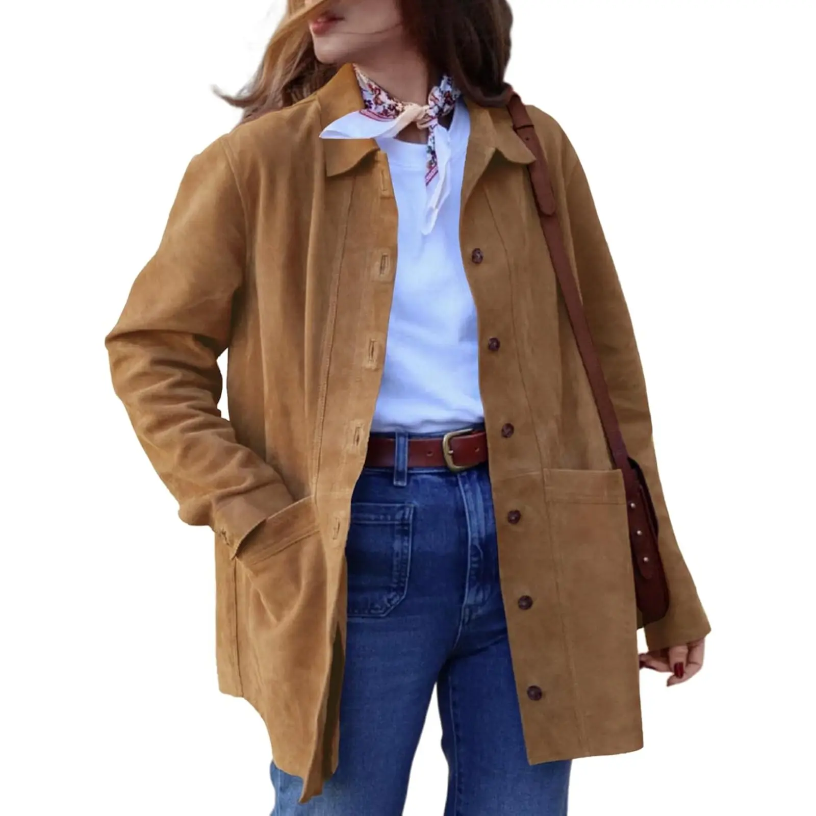 TANKANEO Womens Long Sleeve Faux Suede Shacket Jackets, Button Front Lapel Collar Oversized Casual Windproof Outerwear Autumn Fashion Tops
