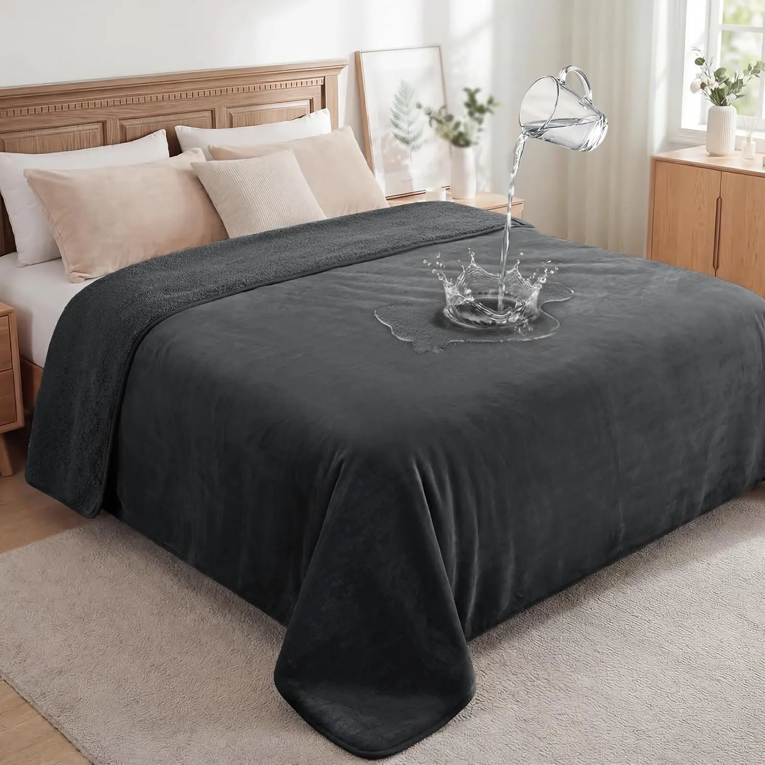 Leakproof TPU Waterproof Reversible Flannel Sherpa Fleece Throw Blanket, 60"x80" Twin XL Bed Blanket - Cozy Warmth, Machine Washable Grey for Couch, Camping, Family Pet Use