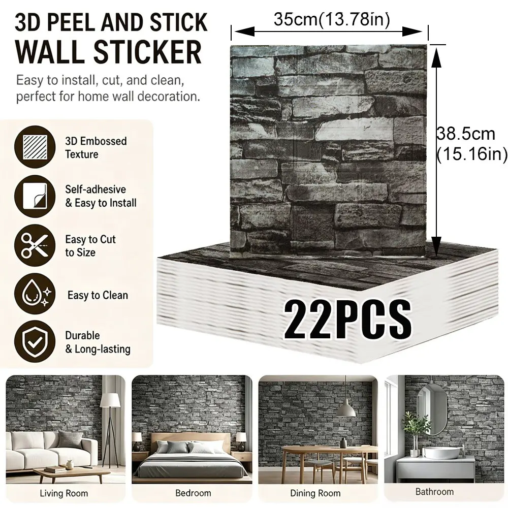 22pcs 3D Brick Wallpaper Stickers, Self-Adhesive Foam Wall Decals, Thick Design, Easy Clean Cut, for Living Room, Kitchen, Bedroom, Office Decor