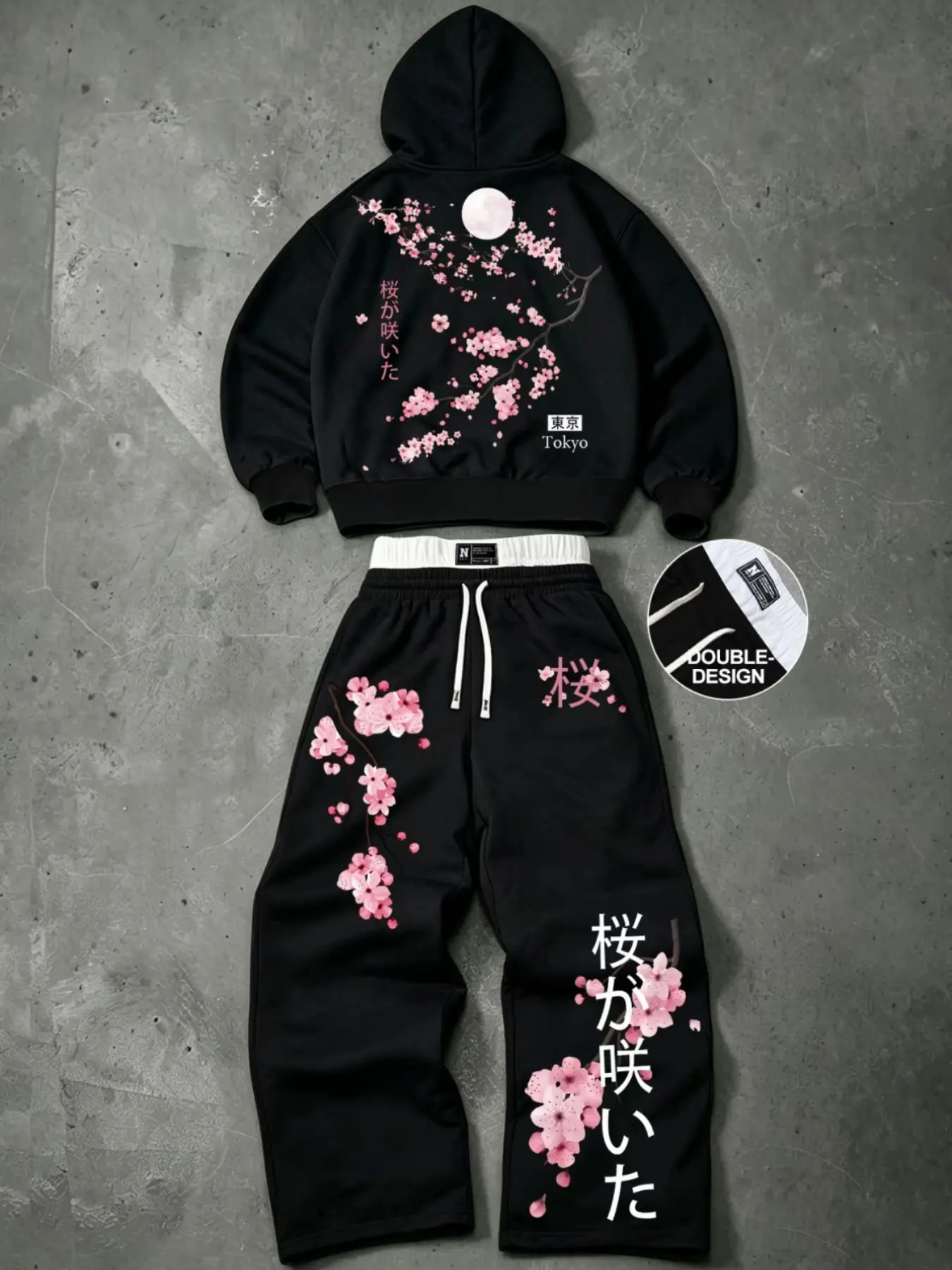 Men's Japanese Style Cherry Blossom Pattern Set, Versatile Hooded Sweatshirt + Loose Fit Pants, Trendy Y2K Fashion