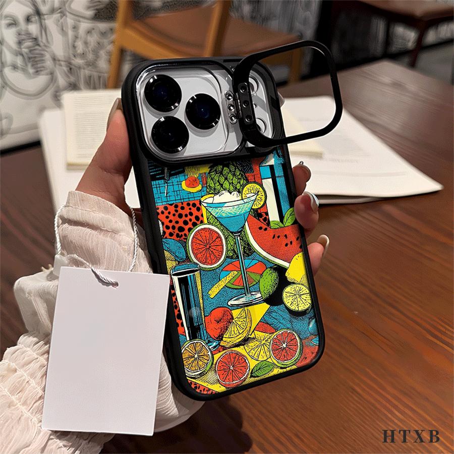 Cocktail Lemon Pattern Metal Camera Cover Magnetic UV Printed Phone Case, suitable for iPhone 17, 16, 15, 14, 13, 12 Pro Max/Pro/Plus series