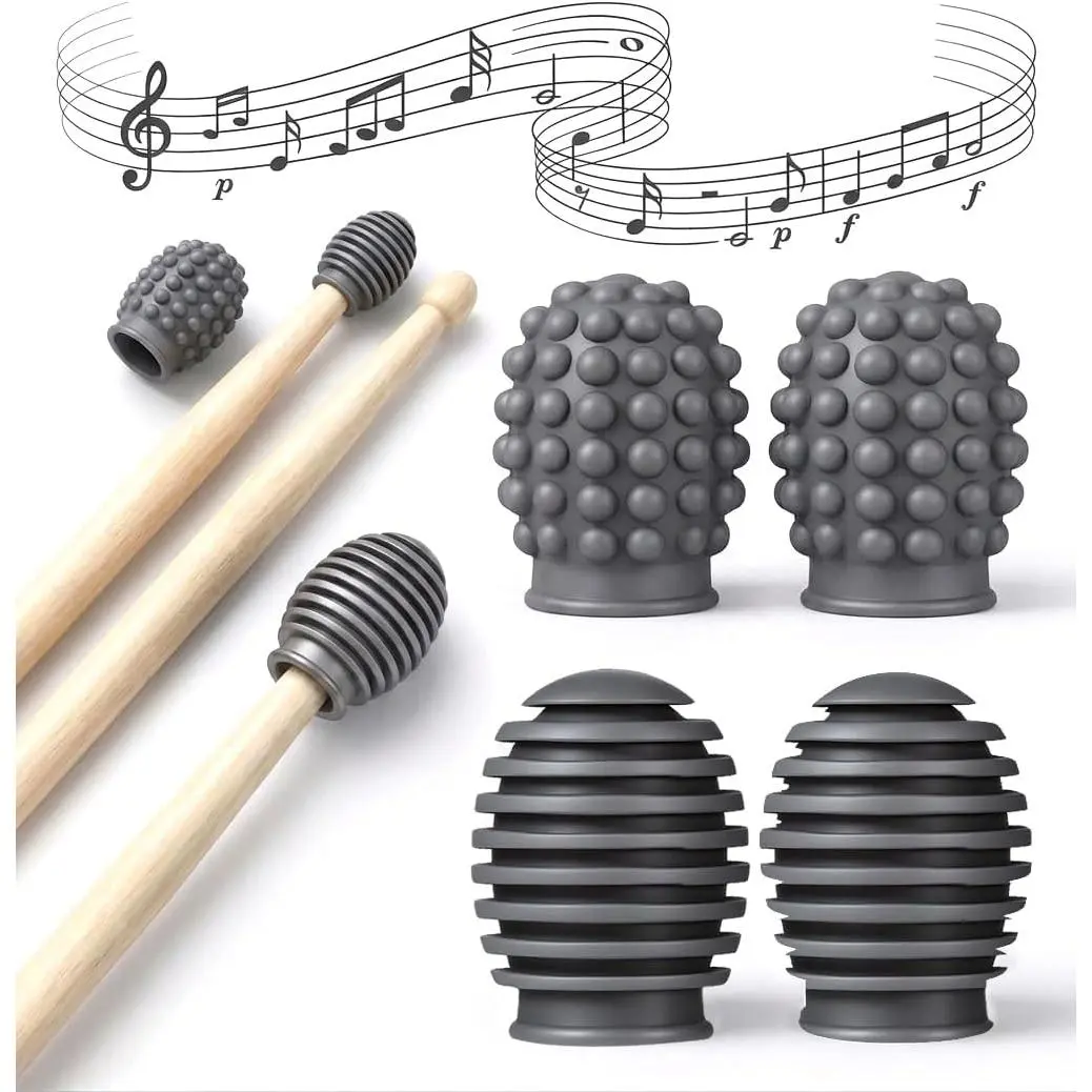 Drum Dampeners for Silent Drumming Practice, Durable  Drum Accessories, Drumstick Dampeners with 2 Storage Boxes, Classic Grey Drumstick Tips 360° Protection (4 Pieces, 2 Styles)