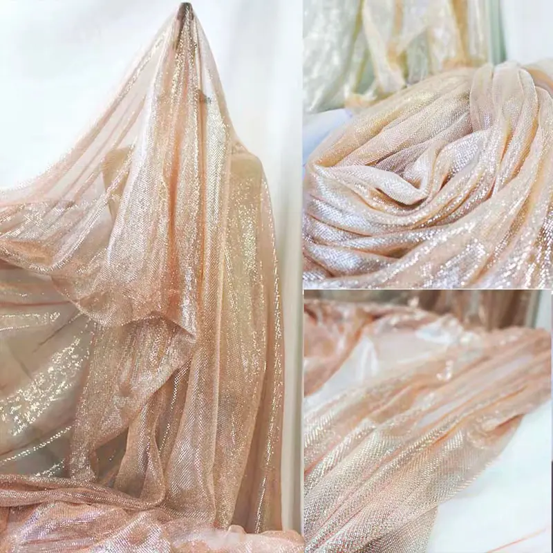 Champagne Shimmer Polyester Sheer Mesh Fabric - Lightweight, Breathable Flat Weave Textile for DIY Crafts, Wedding Backdrop, Students’ Sewing Projects