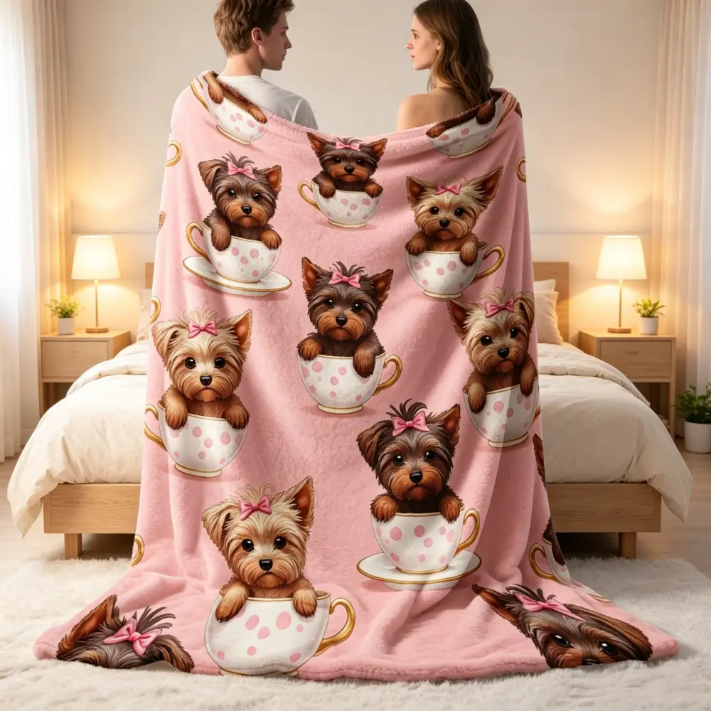 Ultra-Soft Flannel Casual Blanket with Playful Yorkshire Terrier Tea Cup Print, Camping-Grade Material, Ideal for Sofas & Bedrooms, Perfect Gift for Family