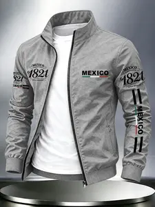 Men's Stand Collar Zipper Jacket, Vintage Mexican Flag Print, Casual Windproof Outerwear, Perfect for Daily Urban Outdoor Wear