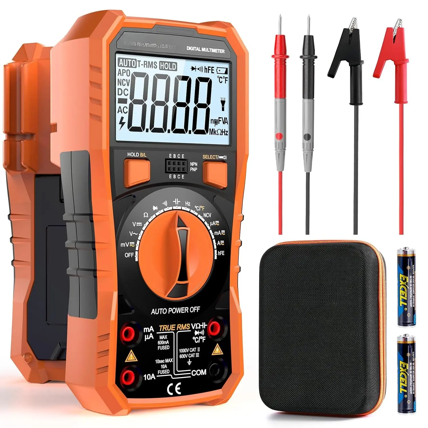 890Z Digital Multimeter Full Kit - 6000-Count TRMS, 1000VDC/750VAC Auto-Ranging, Clip Leads, NCV Detector for Industrial Use | Measures Voltage, Current, Resistance, Capacitance, Diode, Continuity, Transistor (hFE), Temperature