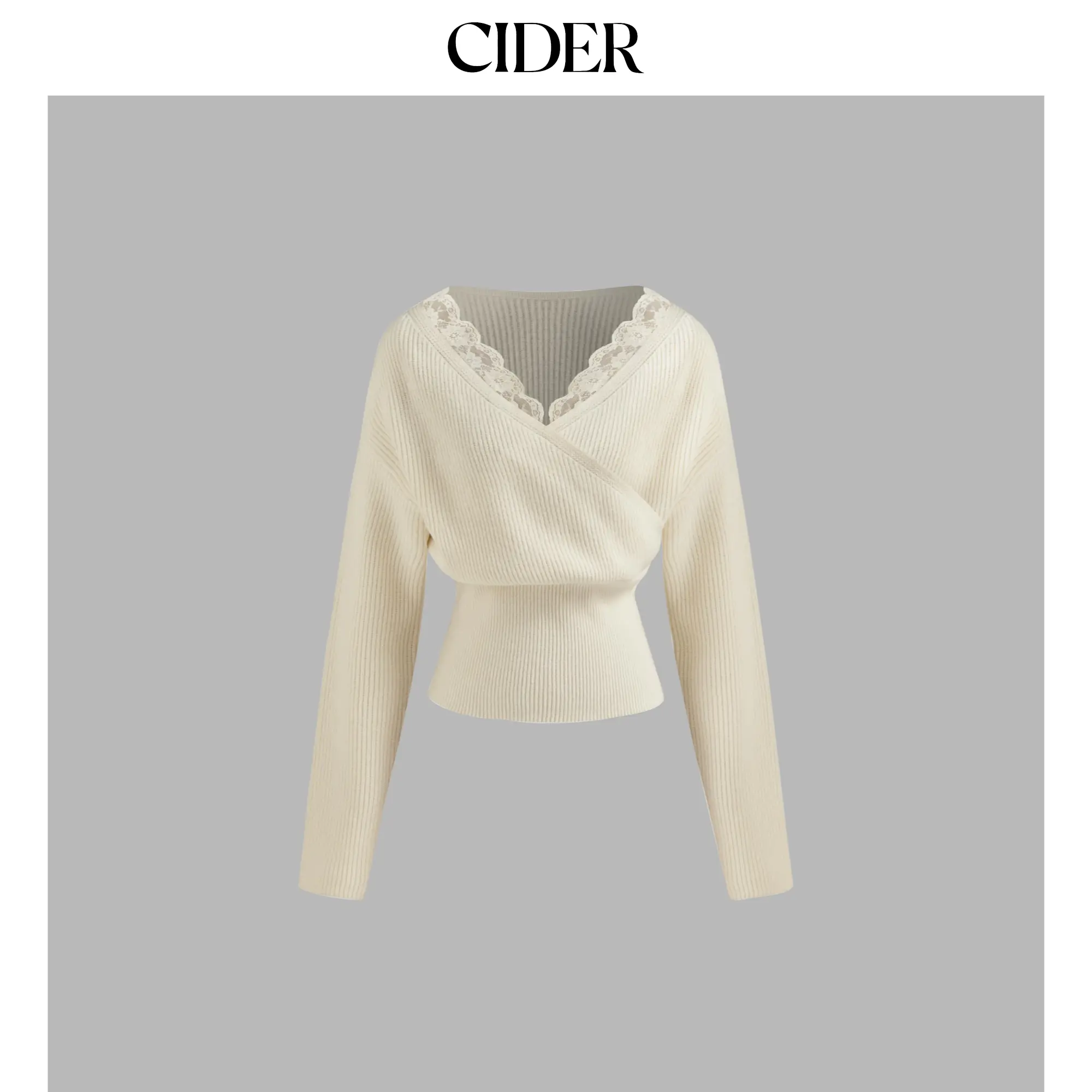 Cider [size 2-10] Knit V-neck Solid Lace Trim Wrap Long Sleeve Top