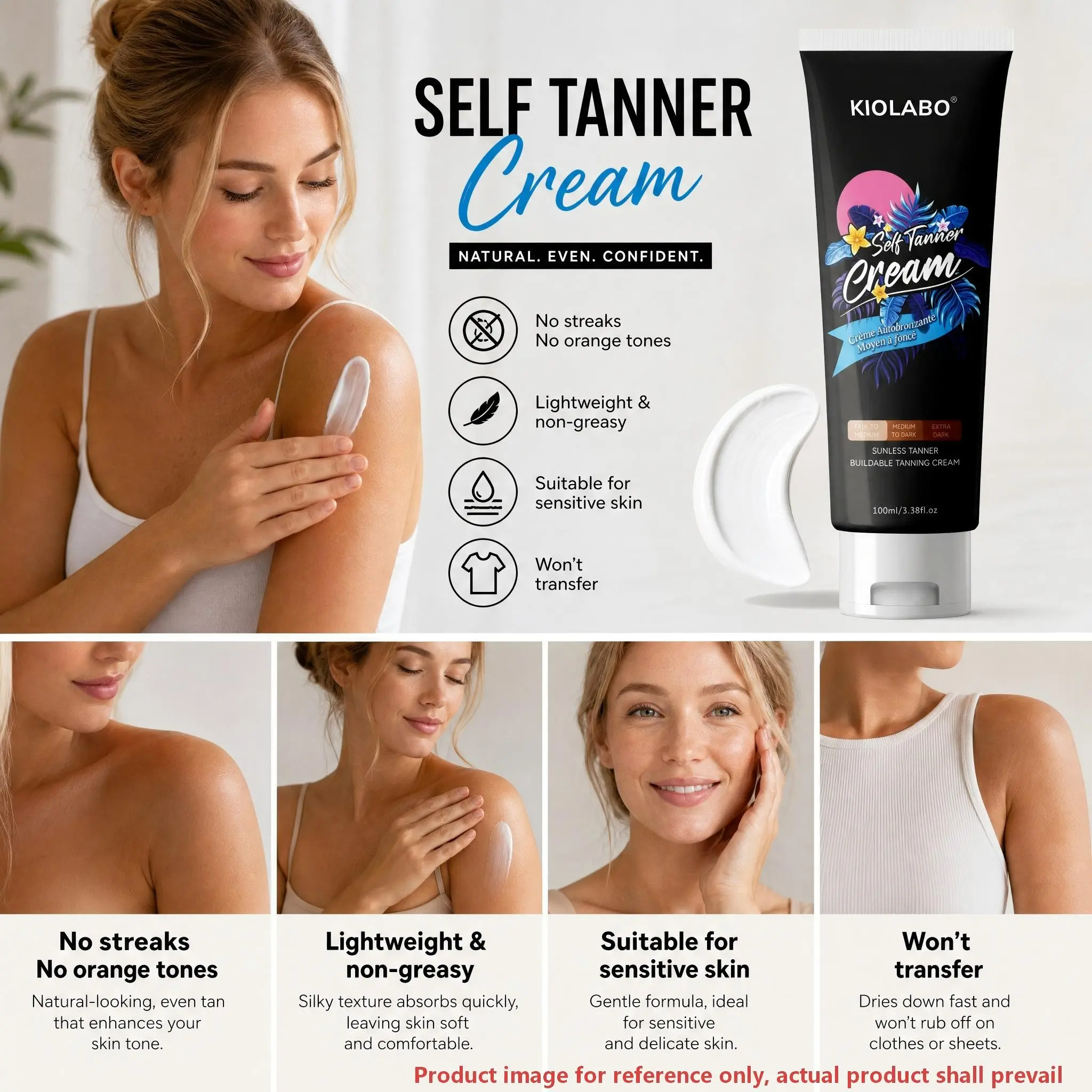 Self Tanner Cream 100ml / 3.38 fl.oz, Natural Sunless Tanning, Streak-Free, No Orange, Buildable Tanning Cream for Face & Body, Medium to Dark Shades Available