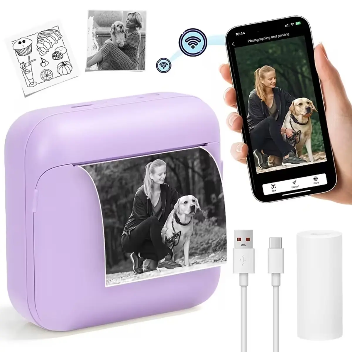 Portable Mini Printer, Portable Wireless Printer, Thermal Inkless Printer for Photos, Notes, Journals, School Office Home DIY Gifts, Compatible with iOS and Android