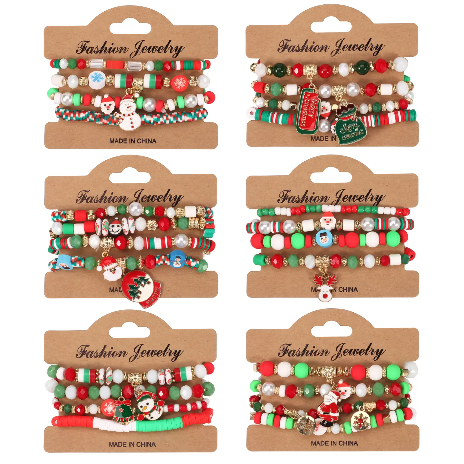 Christmas Beaded Bracelet with Snowman, Christmas Tree, Santa & Antler Charms