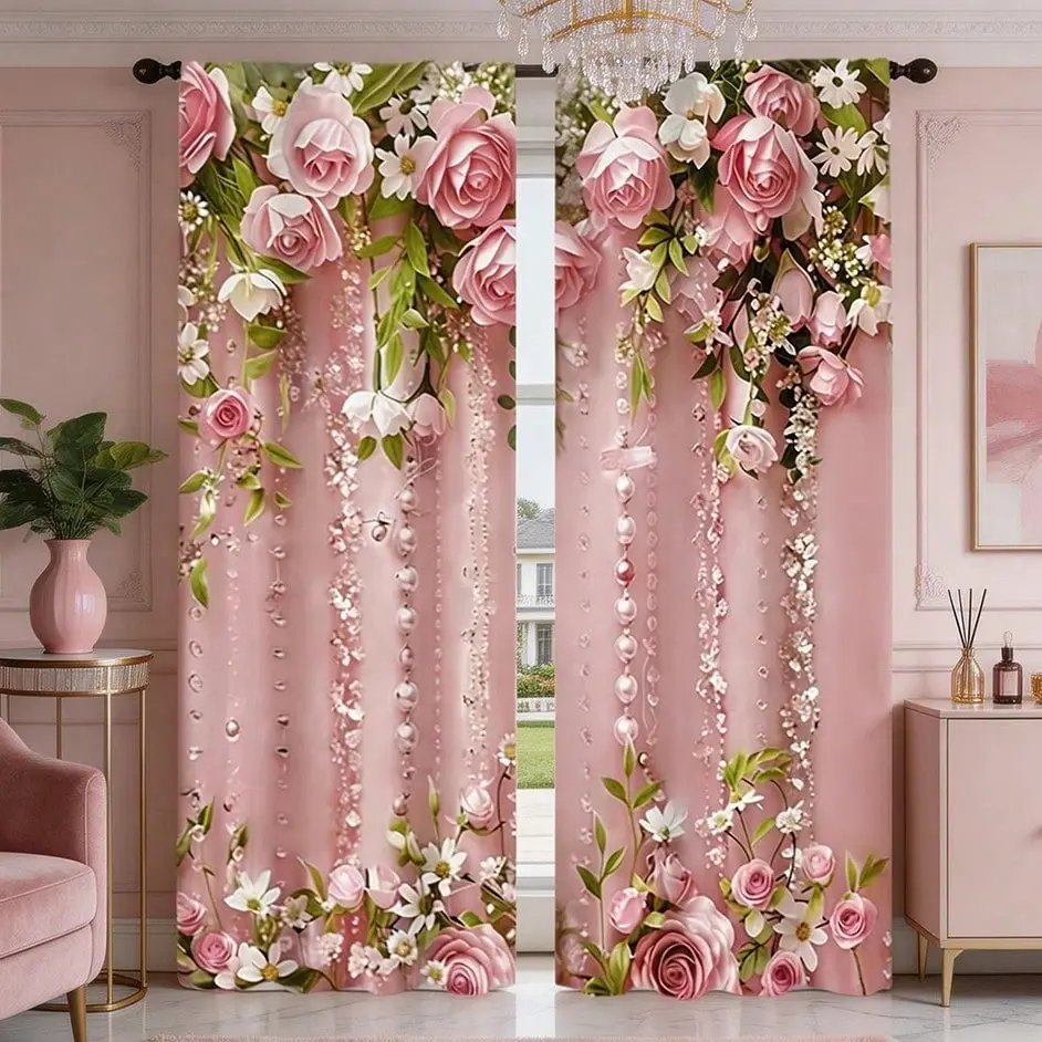 2pcs Rose Beaded Curtain, Rod Pocket, Filterable, All Season, Multi-Functional, Window Decor, Curtain