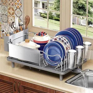 Stainless Steel Dish Drying Rack - Large Capacity Dish Rack for Kitchen Counter with Drain Board, Rustproof Dish Drainer with Auto Drain Spout Utensil Holder Glass Holder, Dinnerware Organizer, Gray