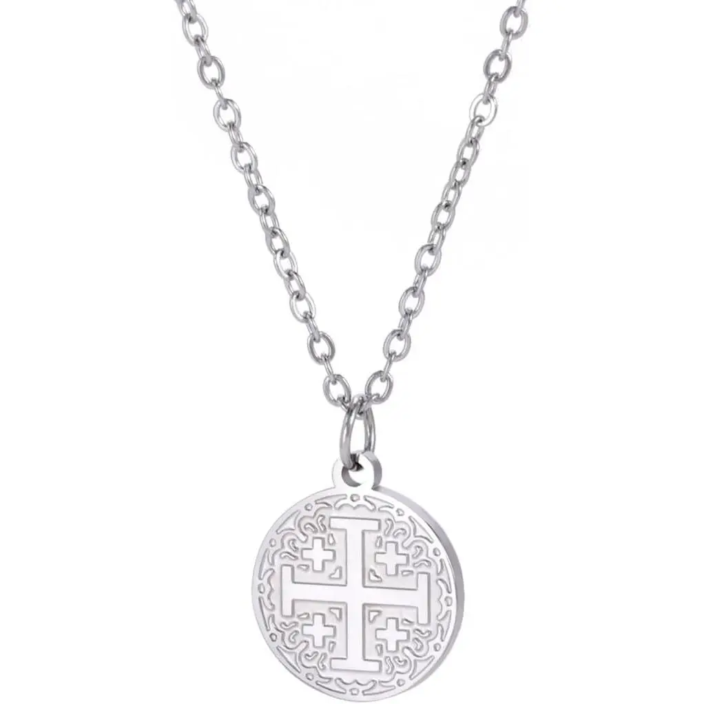 High Polish Jerusalem Cross Pendant Necklace in Stainless Steel, Modern Unisex Religious Motif Jewelry, Water Safe Anniversary Gift, Chain Jewelry Necklaces