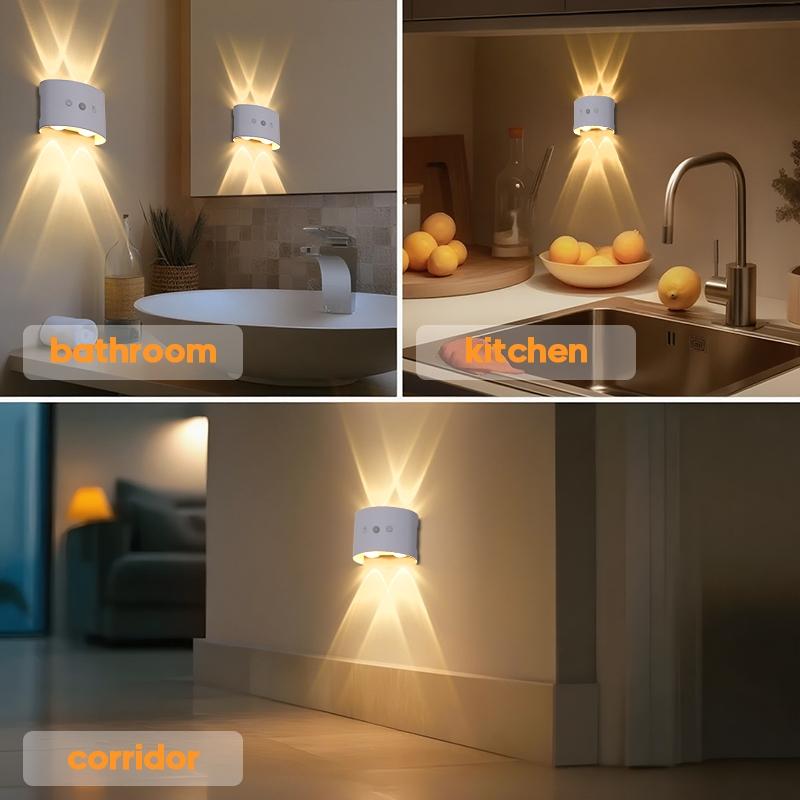 Smart LED Motion Sensor Dual Head Wall Light, USB Rechargeable, Adjustable 3 Color Lights, No Wiring Needed, Ideal for Kitchen, Hallway, Bedroom