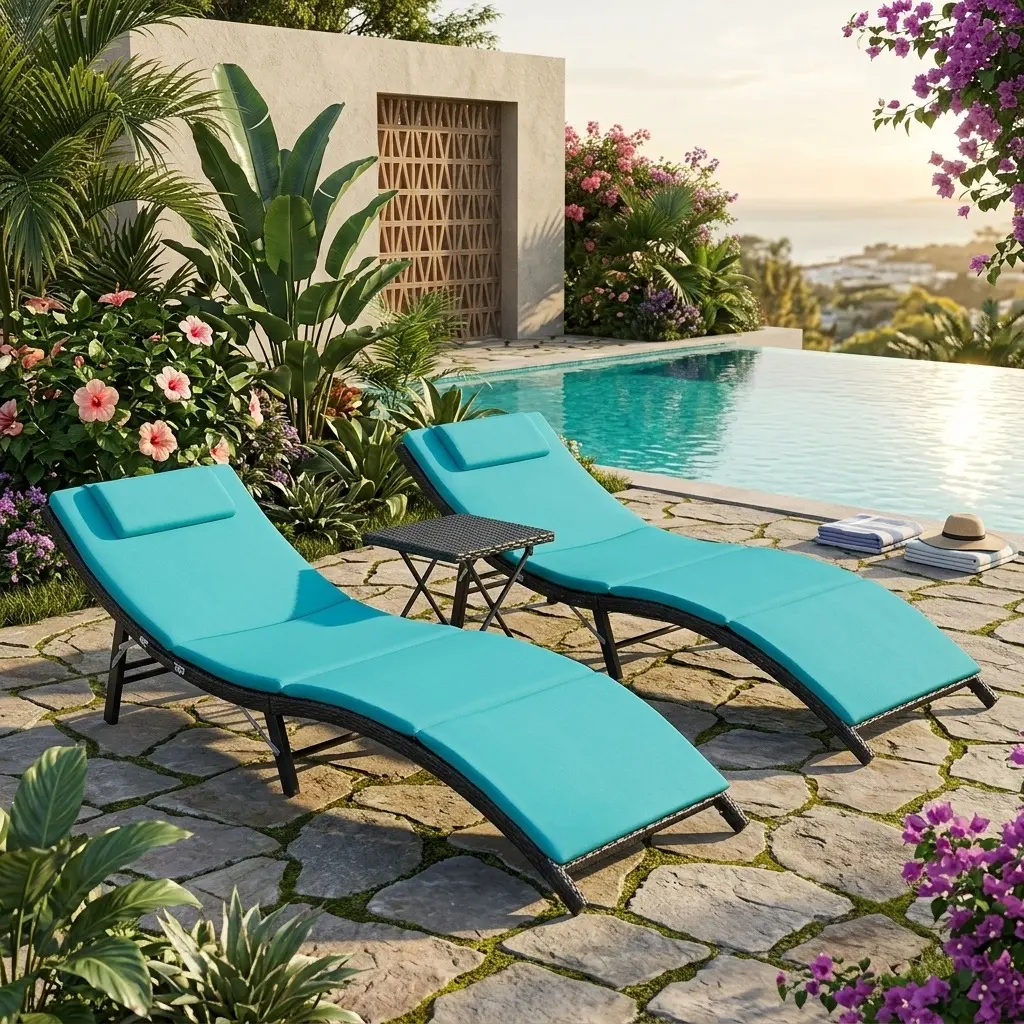 Outdoor PE Rattan 3-Piece Chaise Lounge Chairs Set with Compact Matching Side Table, Foldable Adjustable Backrest, Waterproof Wicker Recliners with Sponge for Porch, Lawn, Backyard Pool, Poolside Adults - Ideal for Garden Party, Sunny Days Use