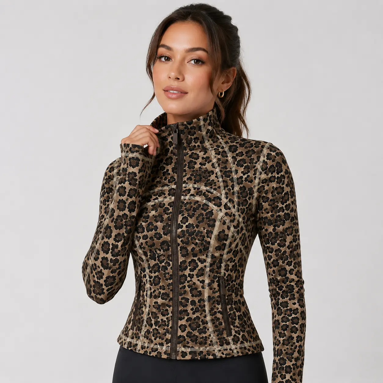 Women’s Leopard Print Workout Jacket, Full Zip Stand Collar Slim Fit Athletic Jacket with Zipper Pockets, Long Sleeve Yoga Gym Activewear