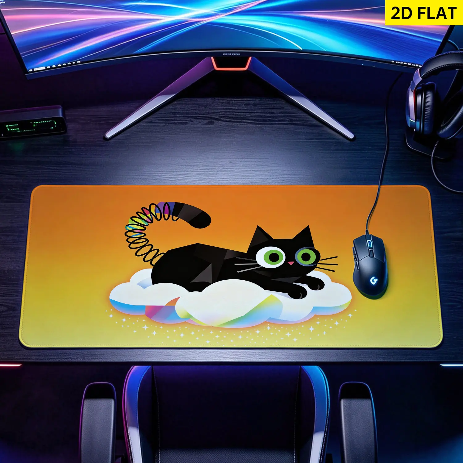 Extra Large cute black cat on rainbow cloud Mouse Pad,Non Slip Rubber Pad,Desktop Decoration Drotection Pad,Washable,Lock Edge Multi Size,Premium Multipurpose Mousepad For Home,Office,Gift for Family and Friends