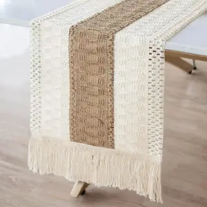 Natural Linen Burlap Boho Macrame Table Runner (72in x 12in), Rustic Farmhouse Woven Decor, Natural Cotton-Burlap Fabric for Home & Party