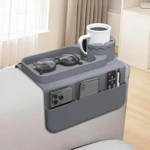 Anti-spill Non-slip Silicone Armrest Cup Organizer Tray, Equipped with Side Storage Space, Practical Home Sofa Caddy Fit Most Recliners Armchairs for Phones Remotes Tablets Snack Storage