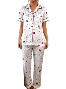 2Pcs Womens Heart Shape Satin Silky Pajama Sets Short Sleeve Shirt S-2XL Nightwear Pyjamas Loungewear