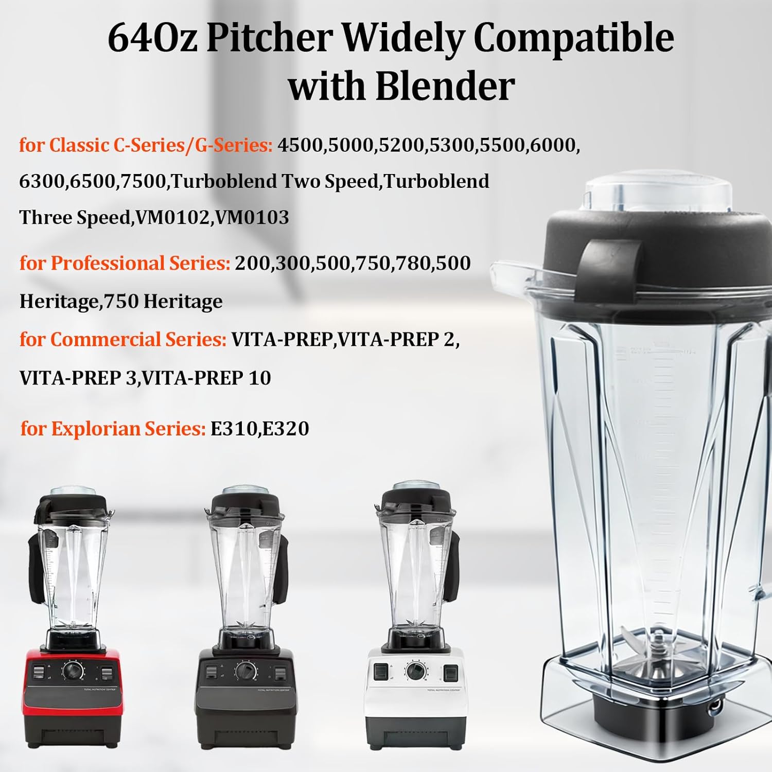 Blender Pitcher 64oz Replacement Container Cup Jar for 5200,6000,6300,5300,6500,7500,750,VM0102, VM0103, Classic C-Series/G-Series/Propel/Professional Series, 2-year full warranty