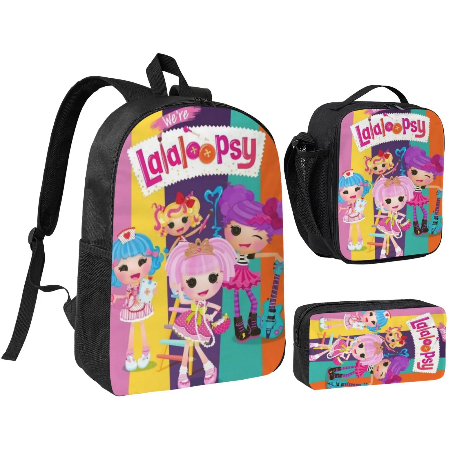 Anime Lalaloopsy2 3Pcs School Backpack Set for Teens Boys Girls, Adjustable Strap Kids Bookbag with Insulated Lunch Bag & Pencil Case, Lightweight Travel Office Daypack, Cute Backpack, Kawaii Backpack