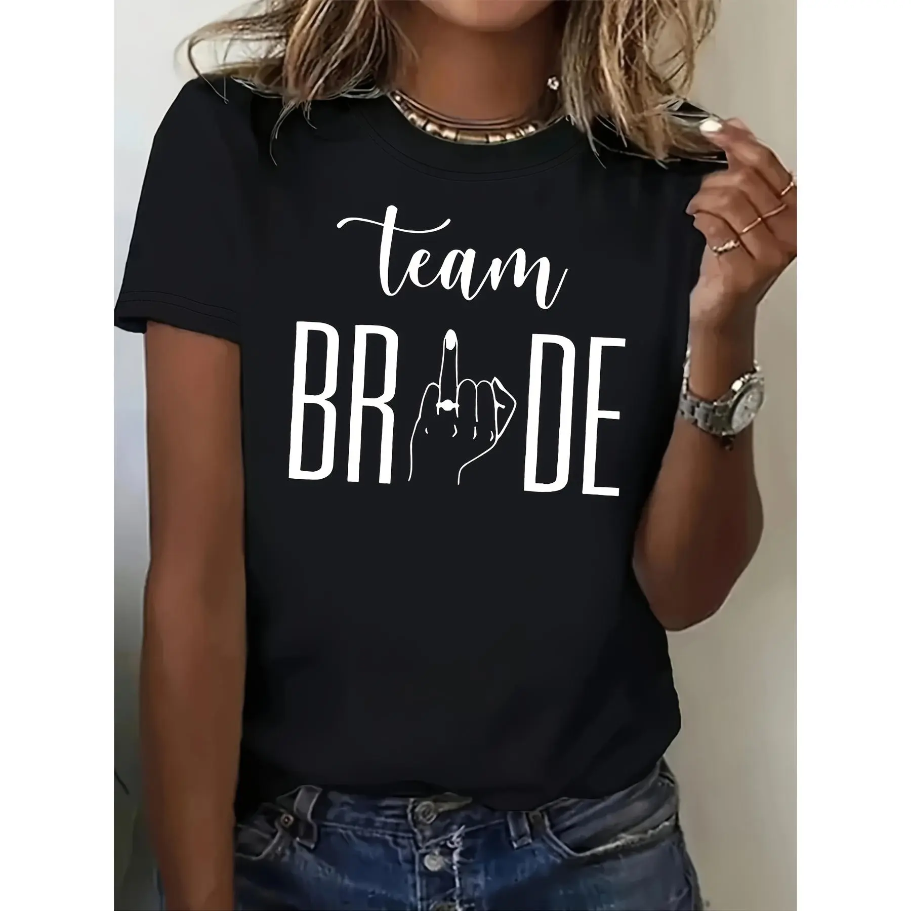 Women’s Team Bride Funny Graphic T-Shirt, Bachelorette Party Black Tee, Bridal Party Middle Finger Humor Shirt, Girls Night Short Sleeve Wedding Top