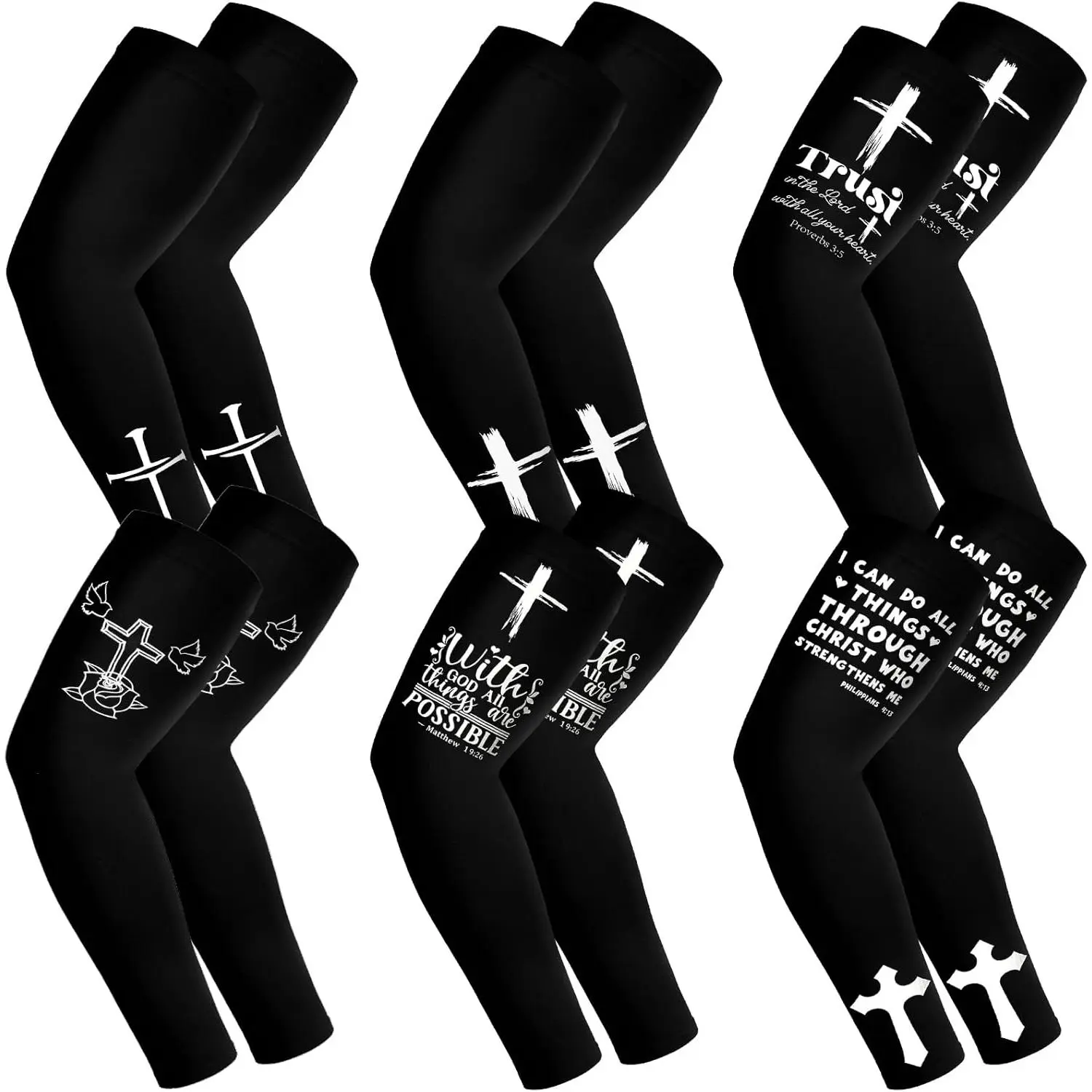 6 Pairs Faith Cross Arm Sleeves Cover - 15.35 Inches Adjustable Protective Sports Compression Sleeves for Youth Baseball, Soccer - Christian Jesus Gift Sports & Outdoor Protective Gear Accessories