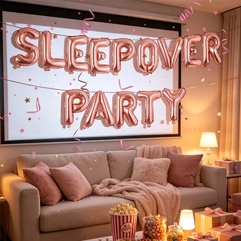 16Pcs Sleepover Party Balloon Set, 16 Inch Rose Gold "sleepover party" Foil Balloon with Straws and Ribbons, Decorations for Pajama Party, Birthday, Bachelorette Party, Friends Gathering, Indoor Outdoor Backdrop & Photo Booth Supplies