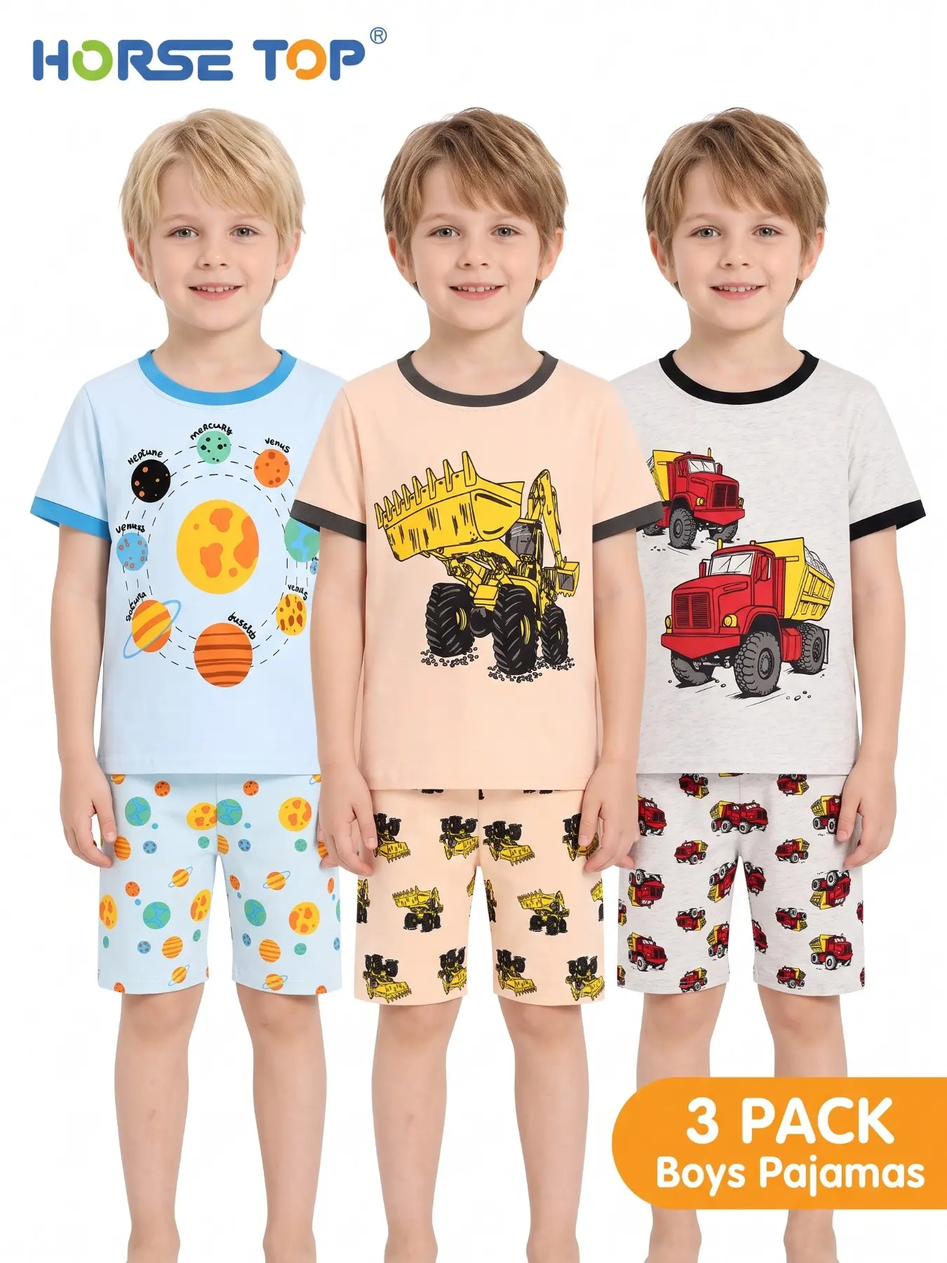 Boys' 3-Piece Cartoon Pajama Set, Long Sleeve Lightweight Summer Sleepwear, Fire-Resistant Fabric, Casual H-Type Fit, Viscose Material, Cartoon Pattern Pajamas