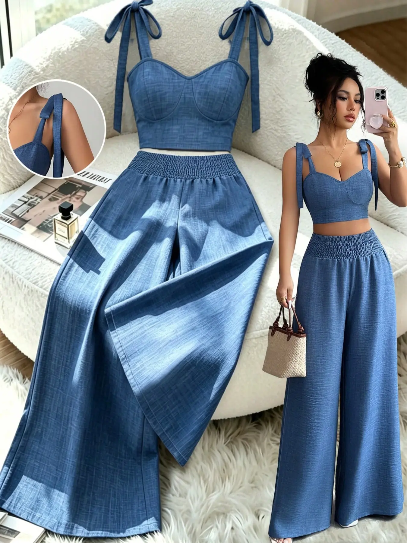 Solid Chic Two-Piece Outfit for Women Summer, Cropped Top + Wide-Leg Long Pants Set, Ideal for Beach & Daily Summer Wear, Women's Summer Matching Set