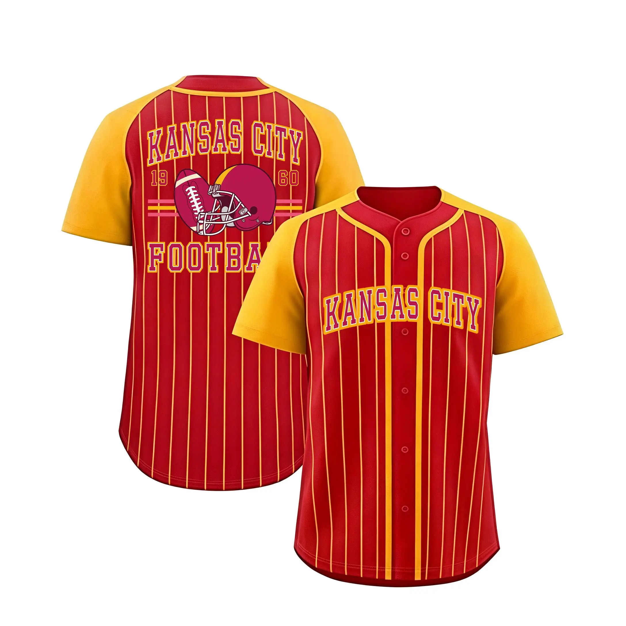 Kansas City Touch Down Baseball Jersey, Red Yellow Vertical Pinstripe Short Sleeve Button Up Classic Football Helmet 1960 Graphic, Family Coordinated Xmas Holiday ,Gameday Fan Wear # GameDay # RetroBaseballJersey # ButtonUpSportJersey # XmasVacationOutfit
